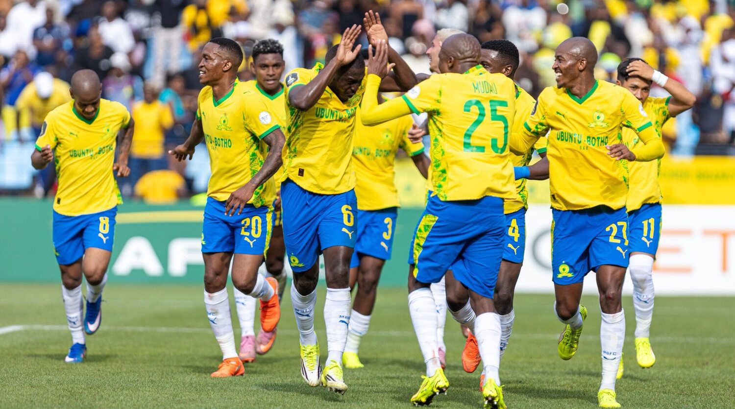 Mamelodi Sundowns players celebrating Brayan Leon's goal