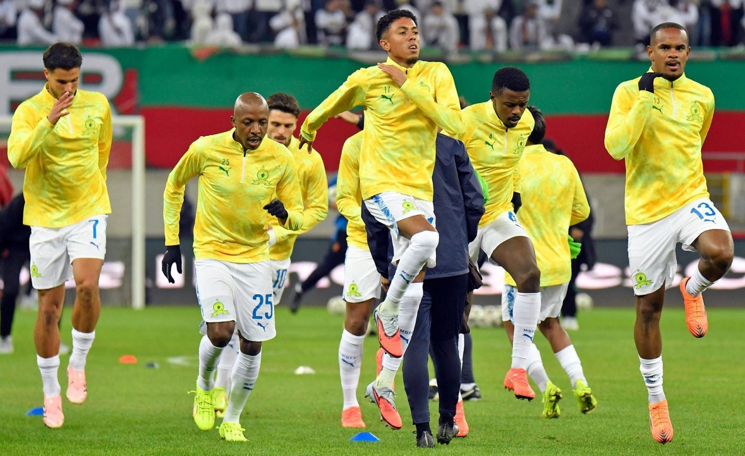 Khuliso Mudau, Tashreeq Matthews and Iqraam Rayners of Mamelodi Sundowns warm up during the CAF Champions League 2025/26 match between MC Alger and Mamelodi Sundowns at Ali la Pointe Stadium in Douera, Algeria on 28 November
