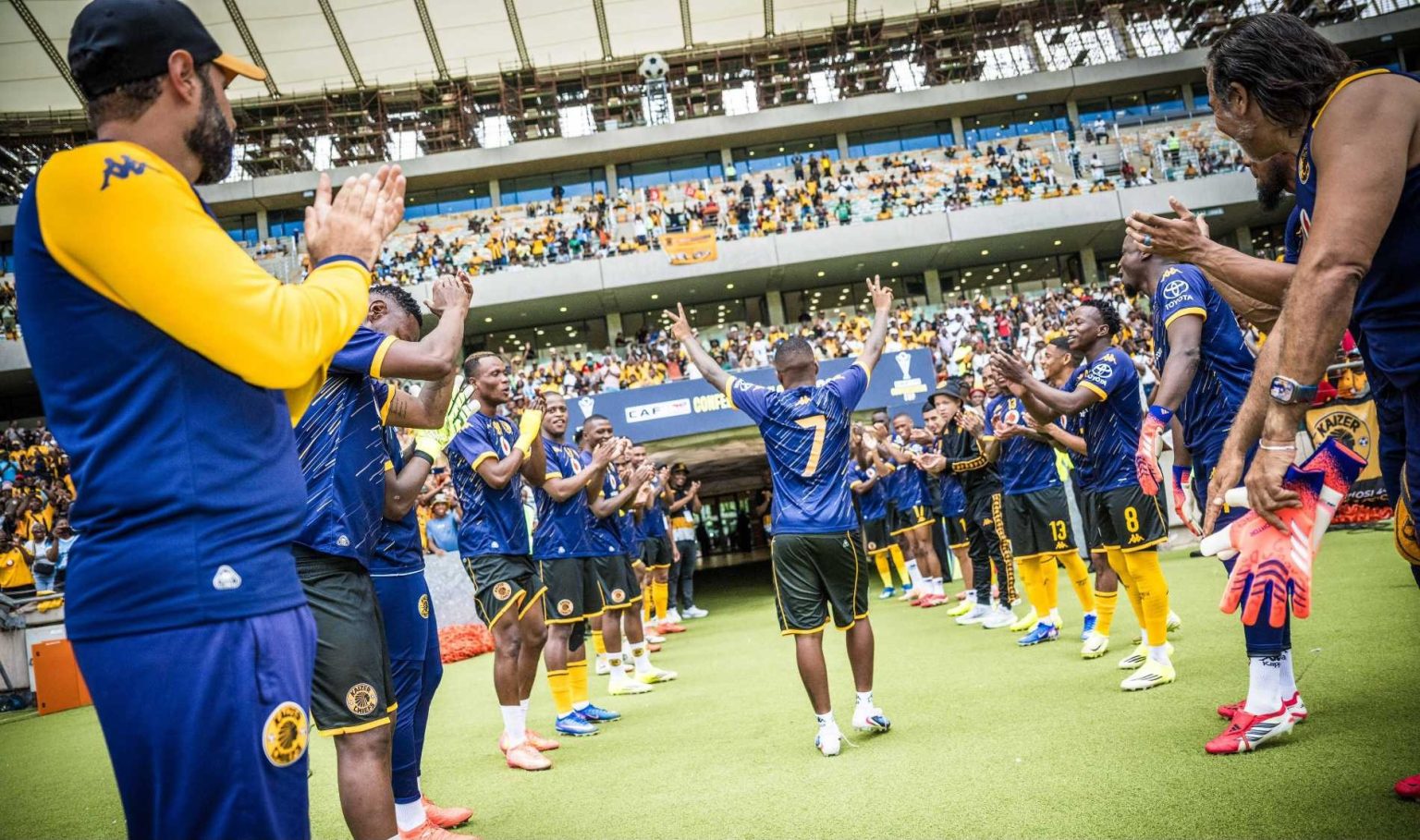 Mduduzi Shabalala waving to the Kaizer Chiefs fans before their match against Zesco United