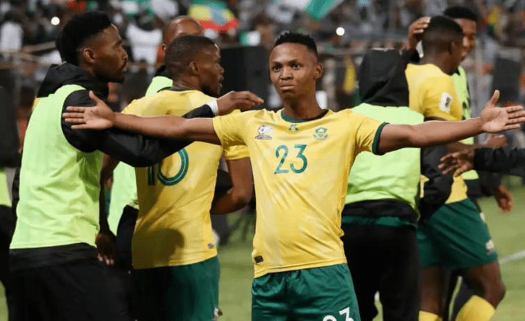 Mohau Nkota celebrating after scoring for Bafana Bafana