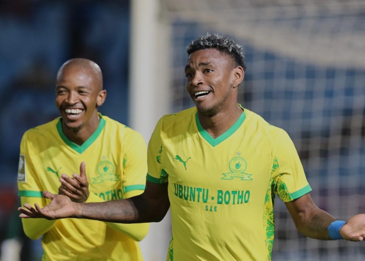 Thapelo Morena celebrates Brayan Leon's debut goal for Mamelodi Sundowns Betway Premiership against Orbit College in the Betway Premiership. Image: Mamelodi Sundowns/ Instagram
