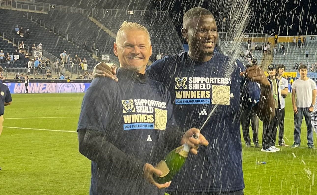 Olwethu Makhanya celebrates with Bradley Carnell, head coach of the Philadelphia Union, after the team secured the Supporters’ Shield for their outstanding regular-season performance — the second in the club’s history.