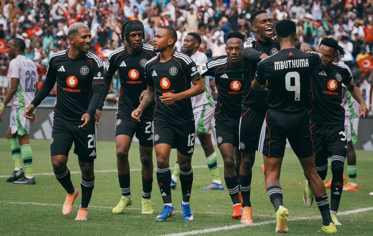 Orlando Pirates players celebrate Yanela Mbuthuma's goal against Marumo Gallants