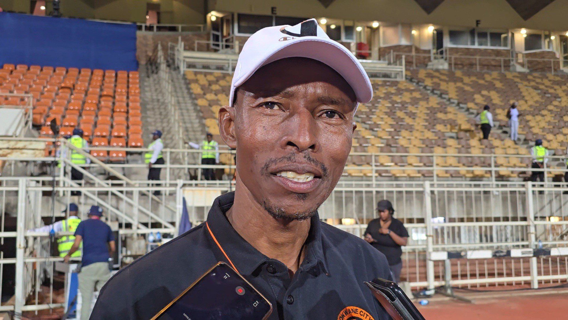 Phuti Mohafe talking to the media after a match at Old Peter Mokaba Stadium