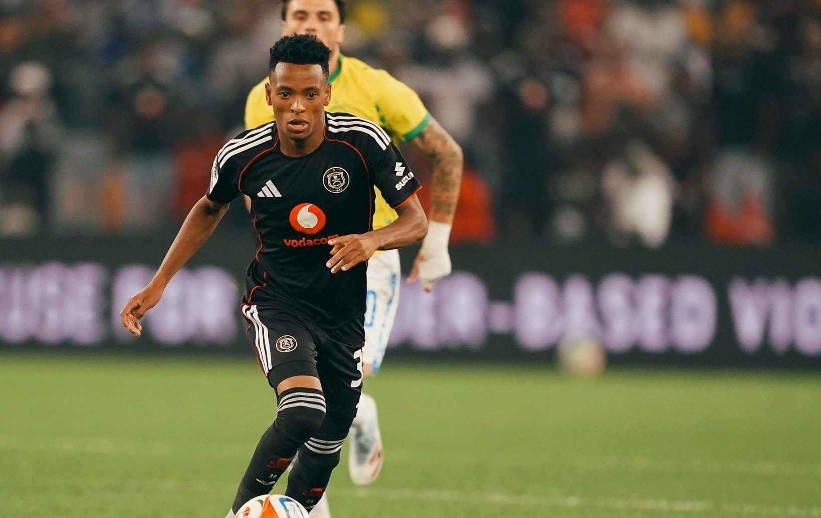 Relebohile Mofokeng of Orlando Pirates in action against Mamelodi Sundowns