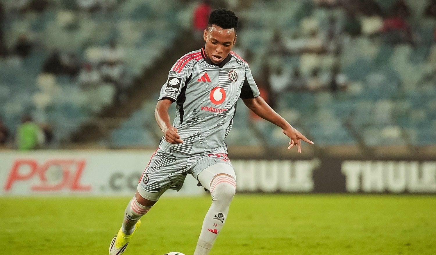 Relebohile Mofokeng shoots at goal for Orlando Pirates