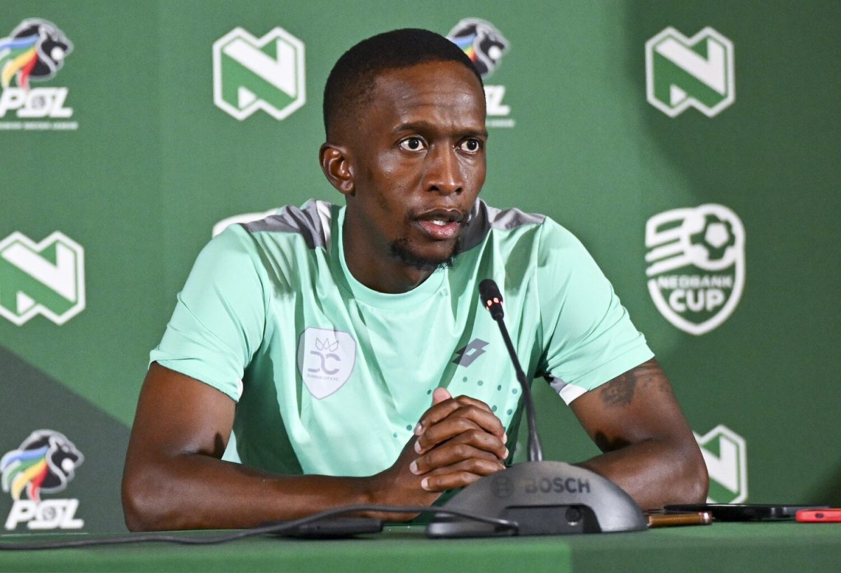 Sinethemba Badela addressing members of the media during his stint with Durban City FC