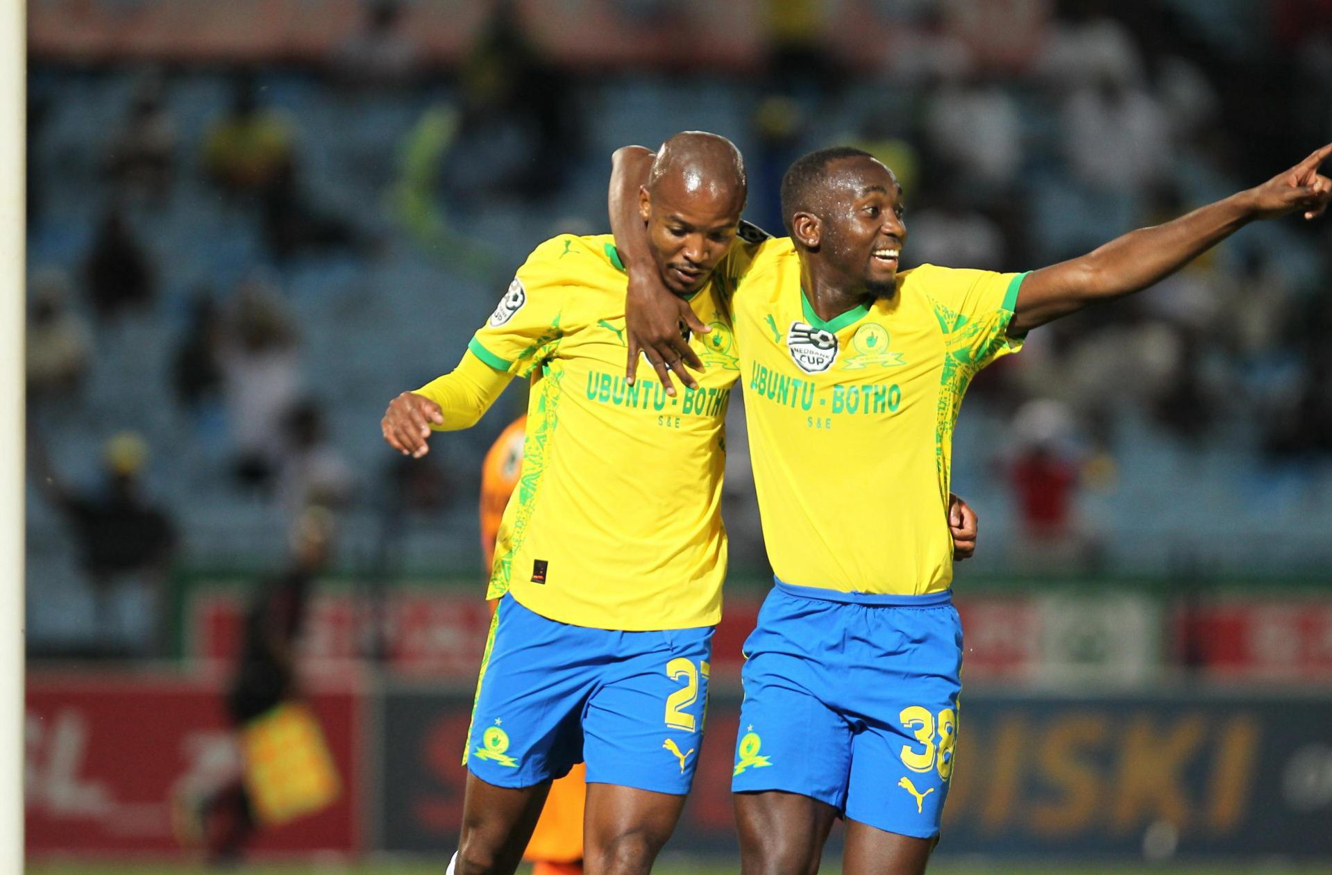Thapelo Morena and Peter Shalulile celebrate a goal against Gomora United