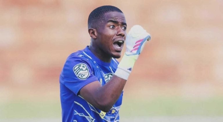 Casric Stars goalkeeper Wandile Mthombeni giving instructions during a Nedbank Cup match