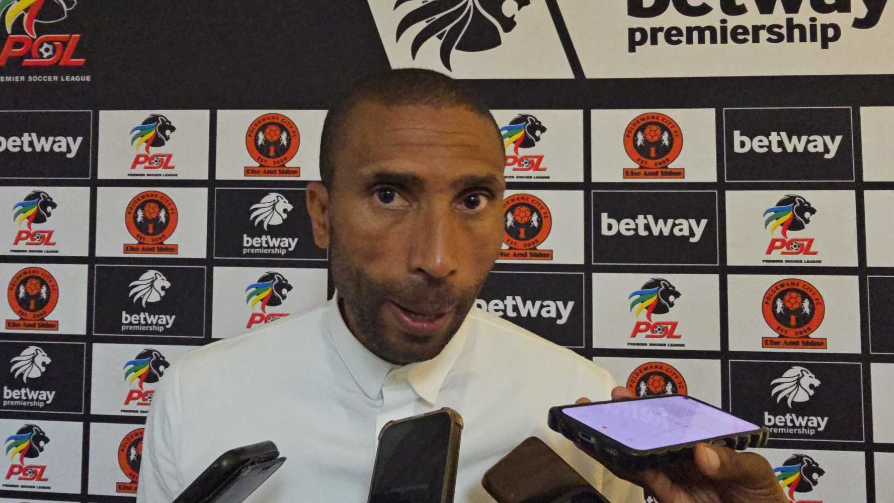 Abdeslam Ouaddou talking to the media at the Old Peter Mokaba Stadium