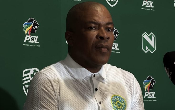 Casric Stars head coach Bucs Mthombeni addressing members of the media