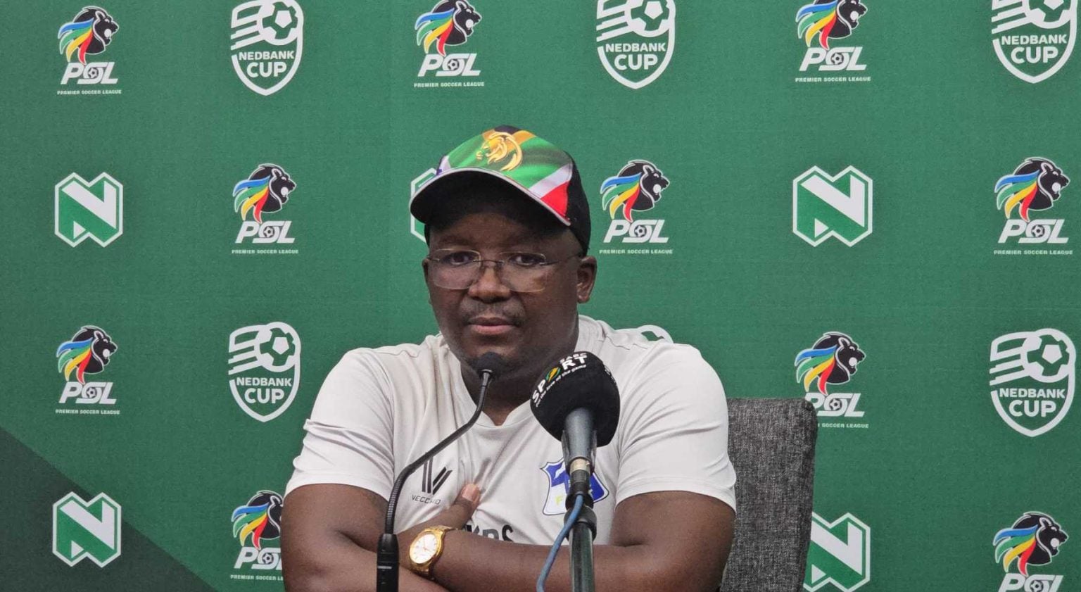 Dr Xanti Pupuma addressing the media after the win against Sekhukhune United at the New Peter Mokaba Stadium.