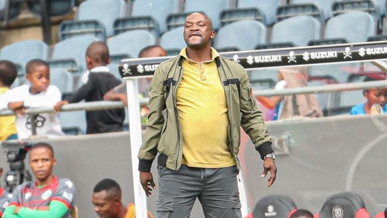 Siwelele FC coach Lehlohonolo Seema on the touchline during the Betway Premiership game against Orlando Pirates
