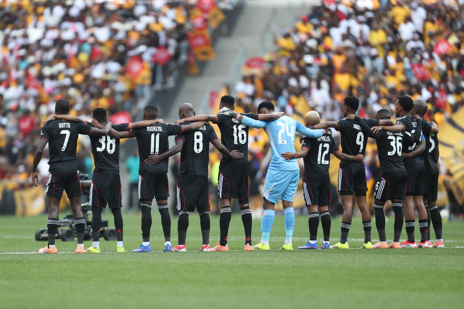 Kamogelo Sebelebele with his Orlando Pirates teammates in the Soweto Derby against Kaizer Chiefs