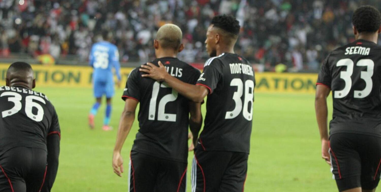 Oswin Appollis and Relebohile Mofokeng celebrating the former's goal for Orlando Pirates against Richards Bay