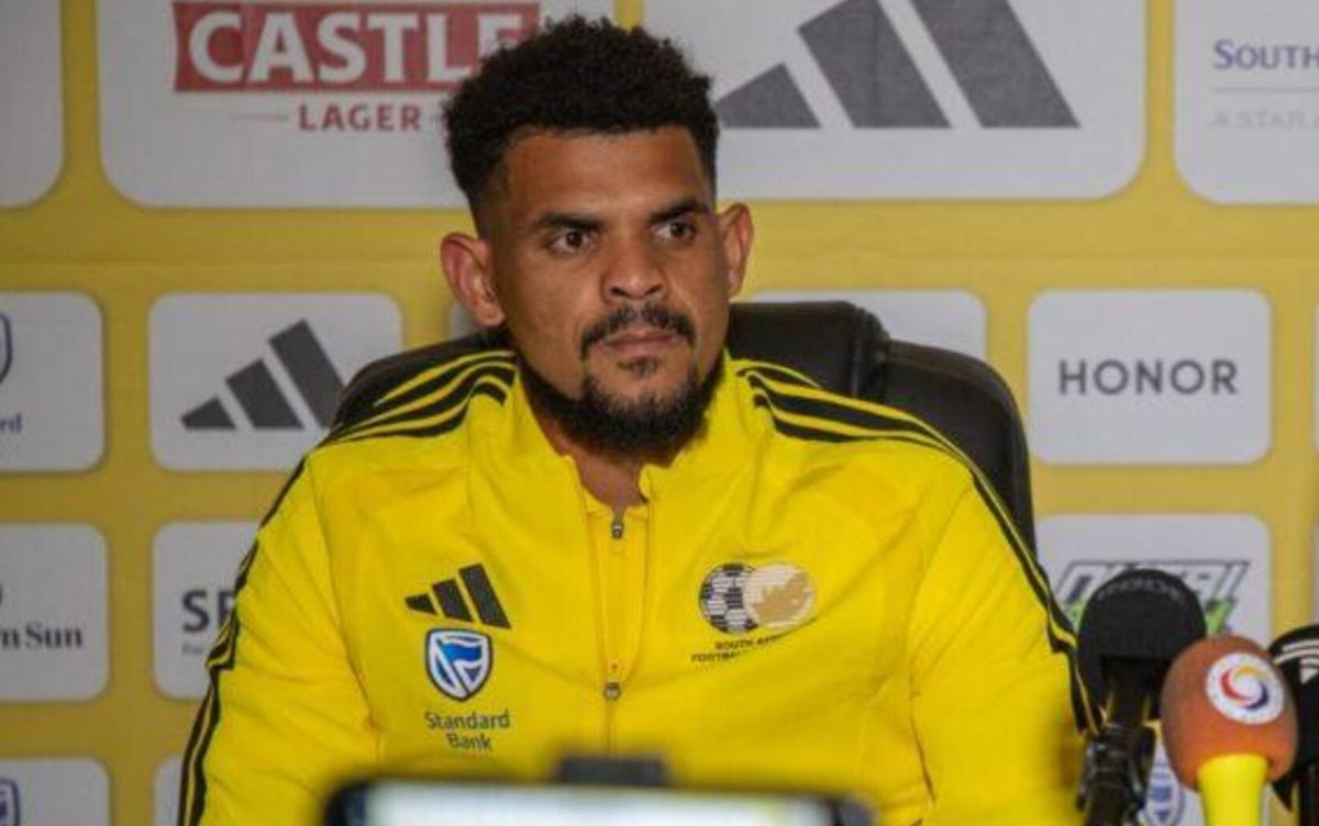 Bafana Bafana goalkeeper Renaldo Leaner addressing members of the media