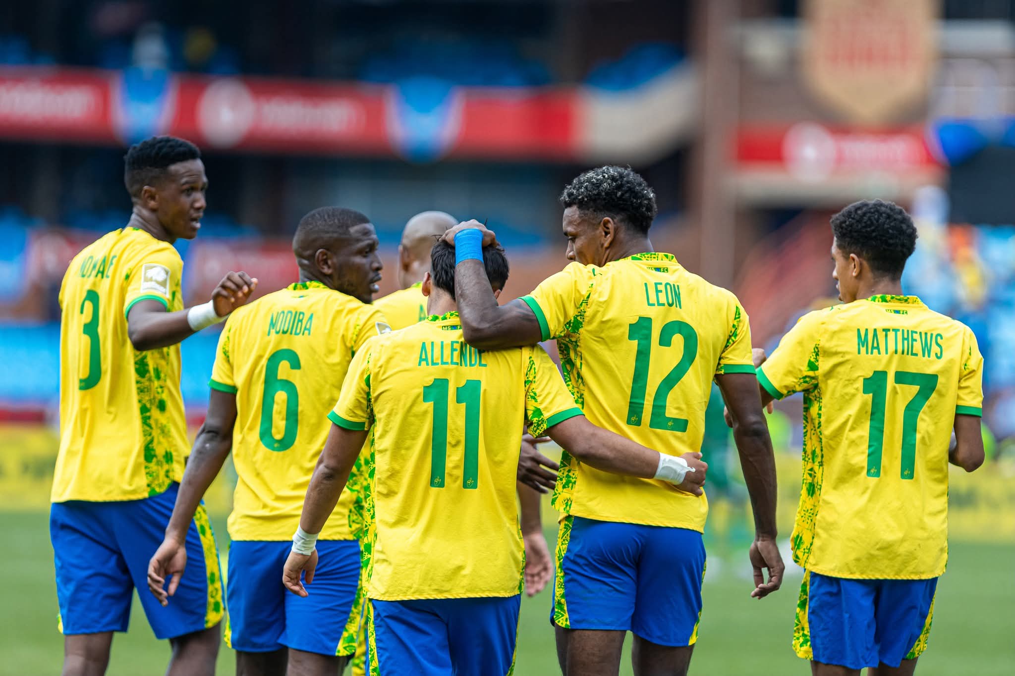 Mamelodi Sundowns players celebrate after scoring a goal at Loftus Versfeld Stadium.