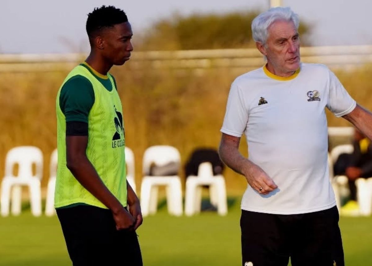 Bafana Bafana coach Hugo Broos chats with Thalente Mbatha in during a training camp in Stellenbosch. Image: Bafana Bafana