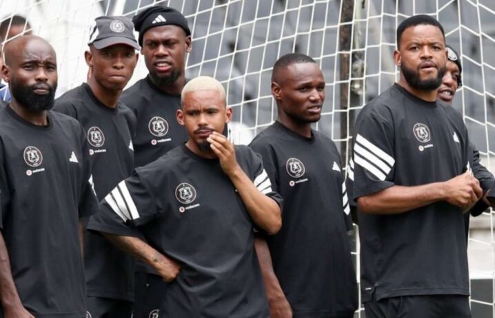 Orlando Pirates players take a pitch inspection at the Orlando Amstel Arena. Image: Orlando Pirates