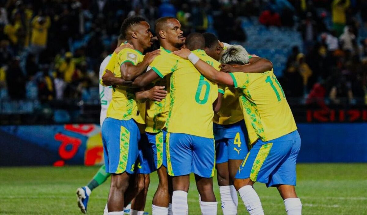 Mamelodi Sundowns players celebrating Iqraam Rayners' goal