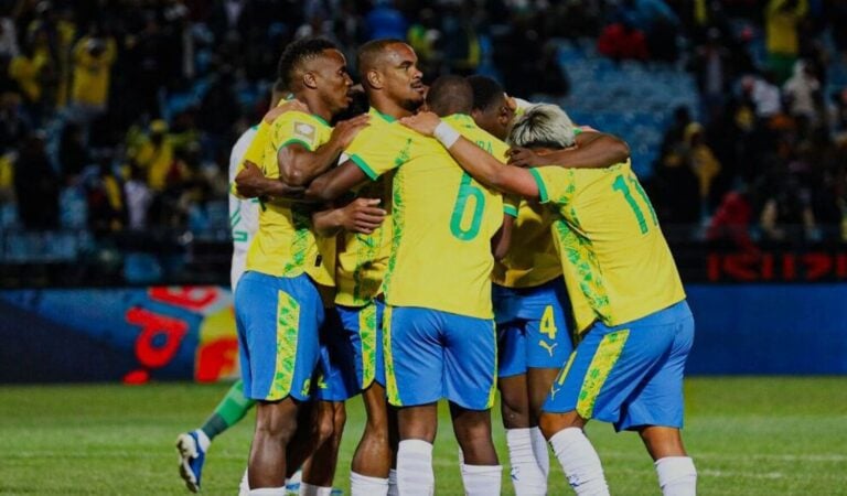 Mamelodi Sundowns players celebrating Iqraam Rayners' goal