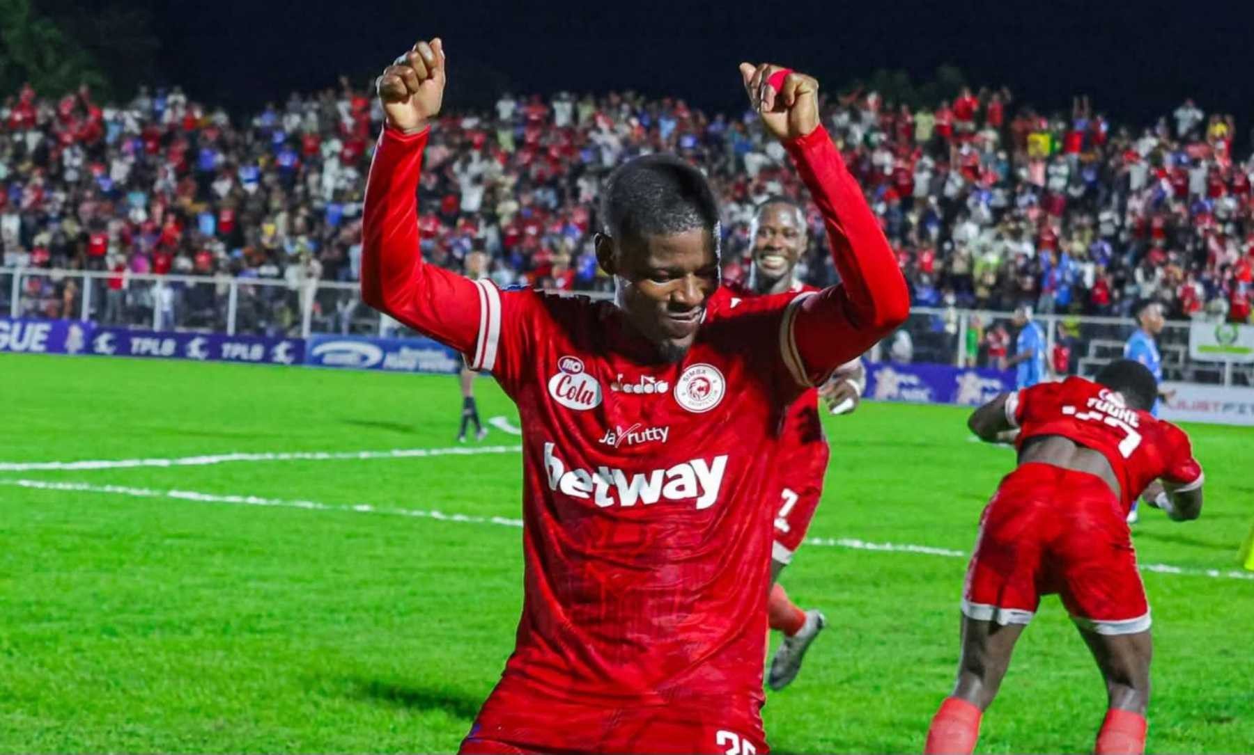 Neo Maema celebrating after scoring a goal with Simba SC.
