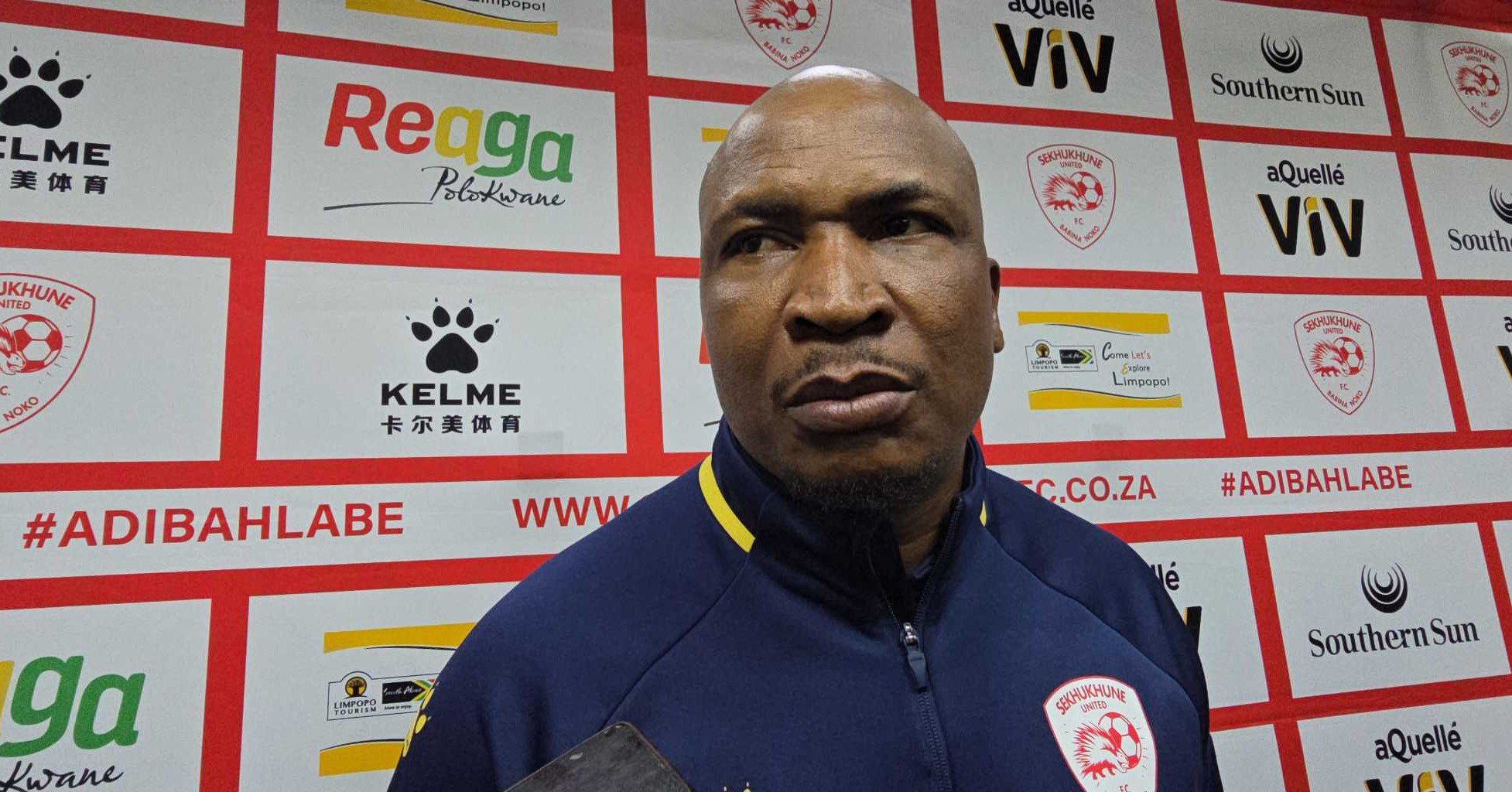 Sekhukhune United interim coach Paulus Masehe speaking to the media at the New Peter Mokaba Stadium