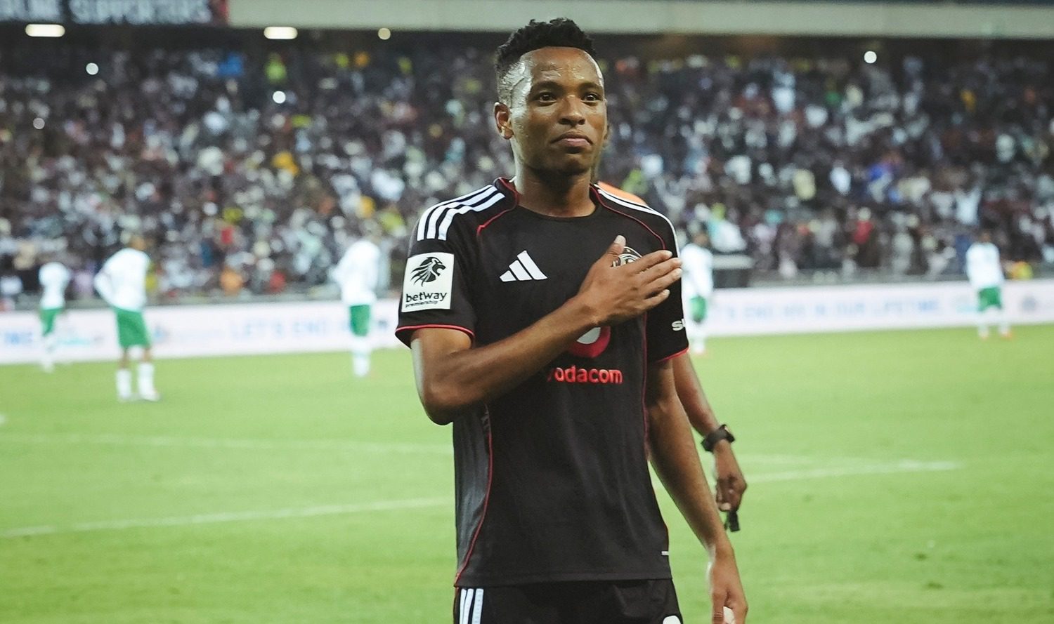 Orlando Pirates midfielder Relebohile Mofokeng celebrating a goal