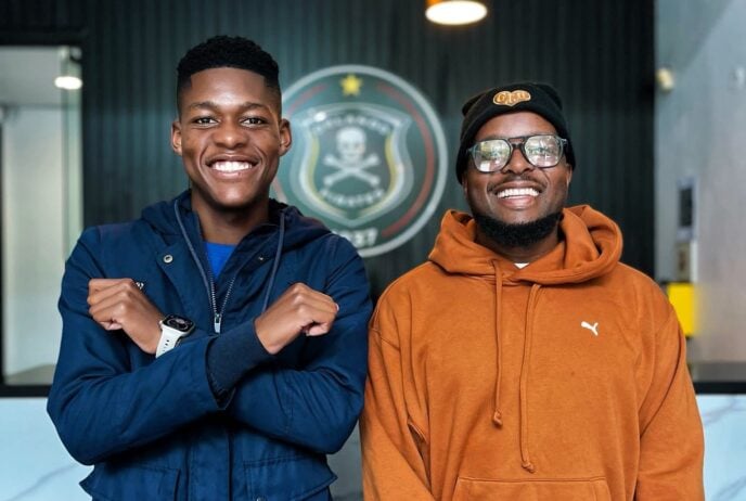 Vusisizwe Mtshali with Nimrod Mbhalati after signing deal with Orlando Pirates