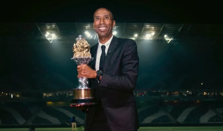 Orlando Pirates head coach Abdeslam Ouaddou holding the Betway Premiership title