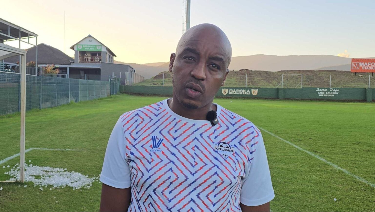 Kruger United FC coach Abram Mongoya talking to the media at the Baroka FC village