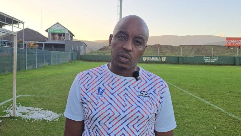 Kruger United FC coach Abram Mongoya talking to the media at the Baroka FC village