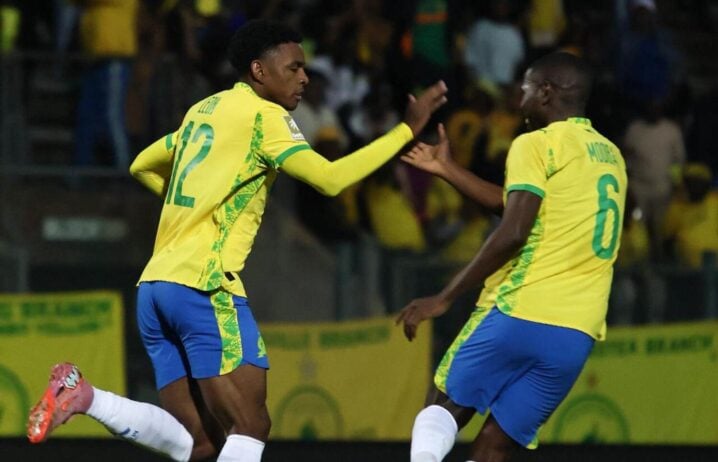 Brayan Leon celebrates his goal with Mamelodi Sundowns teammate Aubrey Modiba