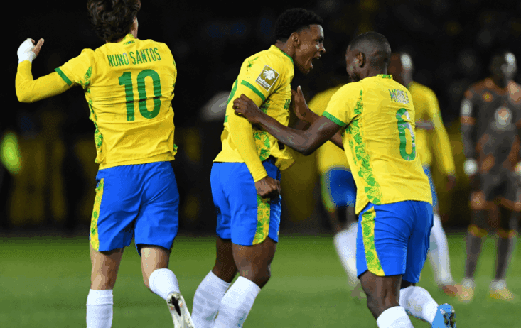 Mamelodi Sundowns striker Brayan Leon celebrating together with Nuno Santos and Aubrey Modiba