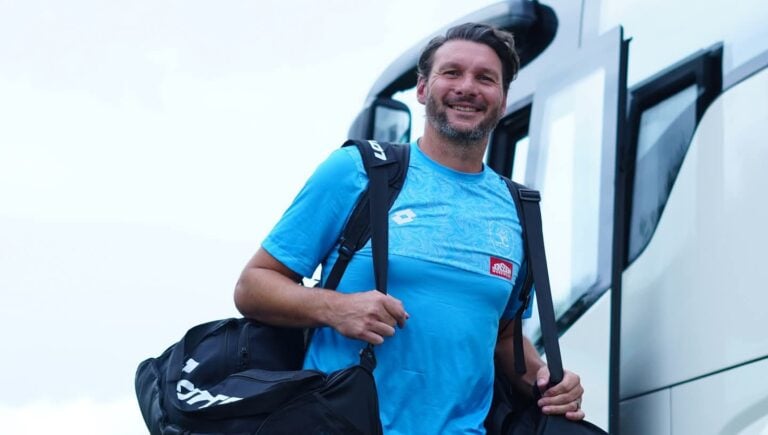 Darren Keet getting out of a Bus ahead of Durban City match