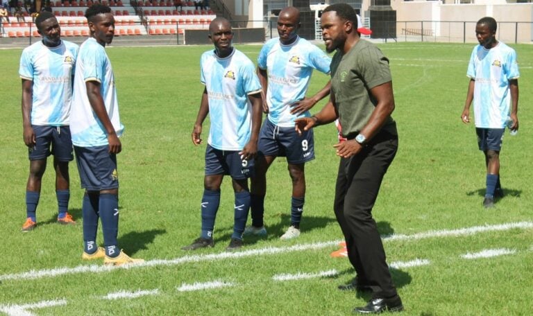 Former Kaizer Chiefs midfielder Willard Katsande issuing instructions to his Grand Legacy FC players