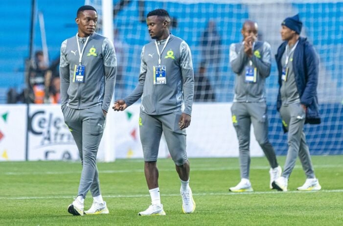 Grant Kekana and Teboho Mokoena during a Mamelodi Sundowns pitch walkabout