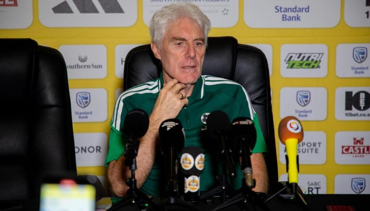 Bafana Bafana head coach Hugo Broos addressing members of the media