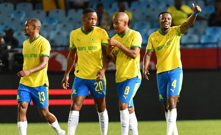Iqraam Rayners, Grant Kekana, Jayden Adams and Teboho Mokoena celebrating a Mamelodi Sundowns goal