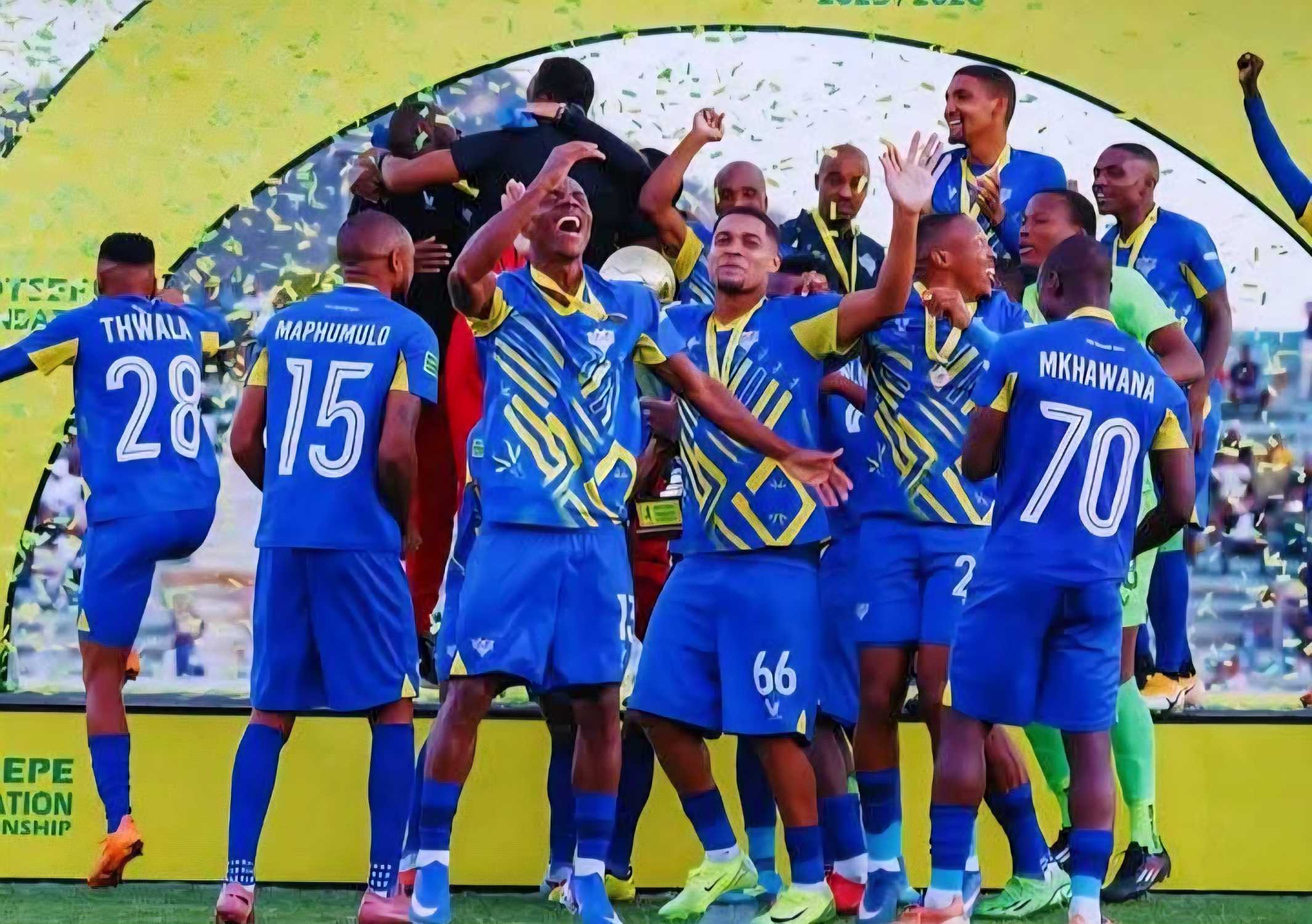 Kruger United celebrate their promotion to the Betway Premiership.