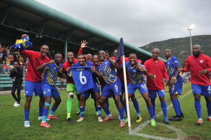 Kruger United players celebrate a goal during a Motsepe Foundation Championship match