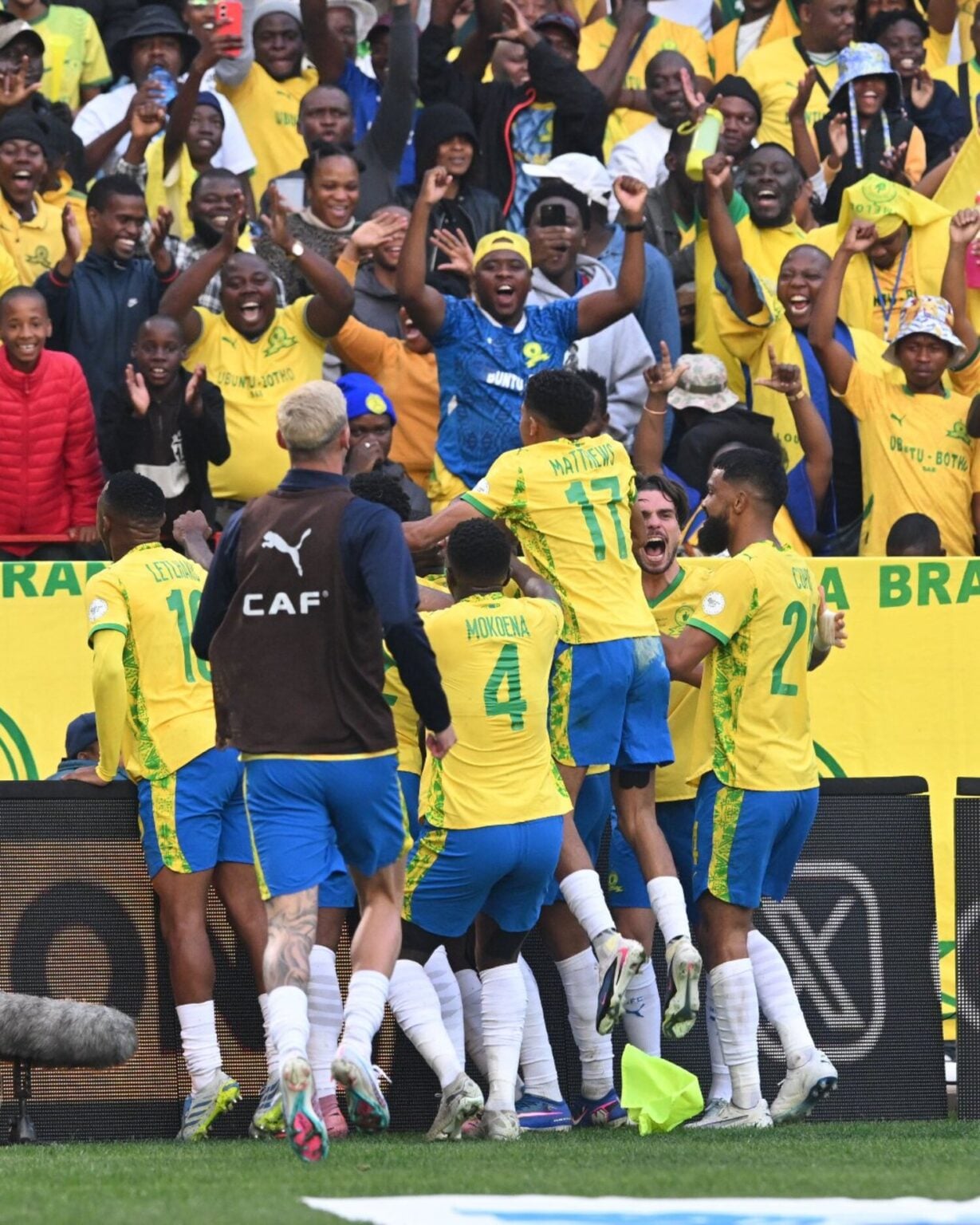 Mamelodi Sundowns players celebrate a goal.