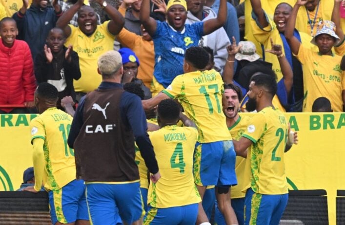 Mamelodi Sundowns players celebrate a goal.