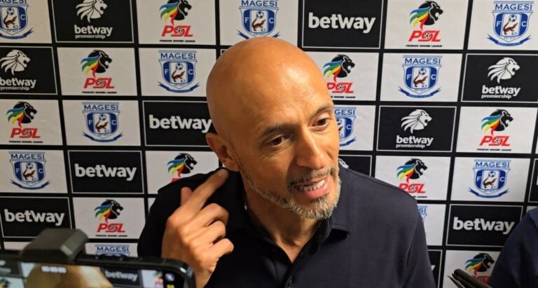 Miguel Cardoso talking to the media after the match against Magesi FC in Polokwane