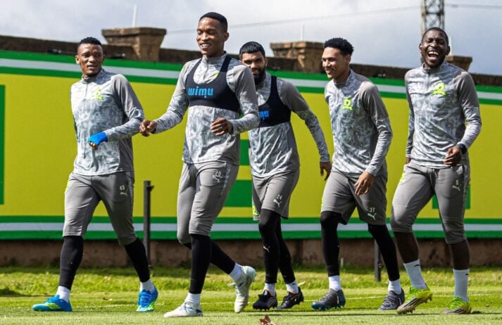 Mamelodi Sundowns defenders Mothobi Mvala, Grant Kekana, Keanu Cupido, Kegan Johannes and Aubrey Modiba