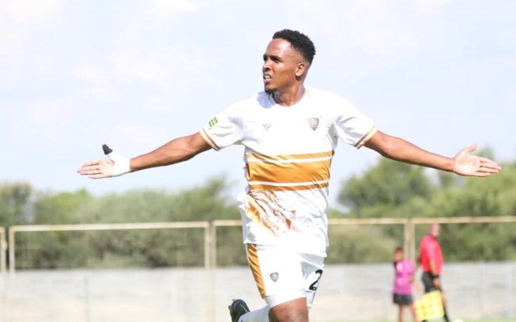 Lerumo Lions FC striker Ntuthuko Mlotshwa in celebratory mood