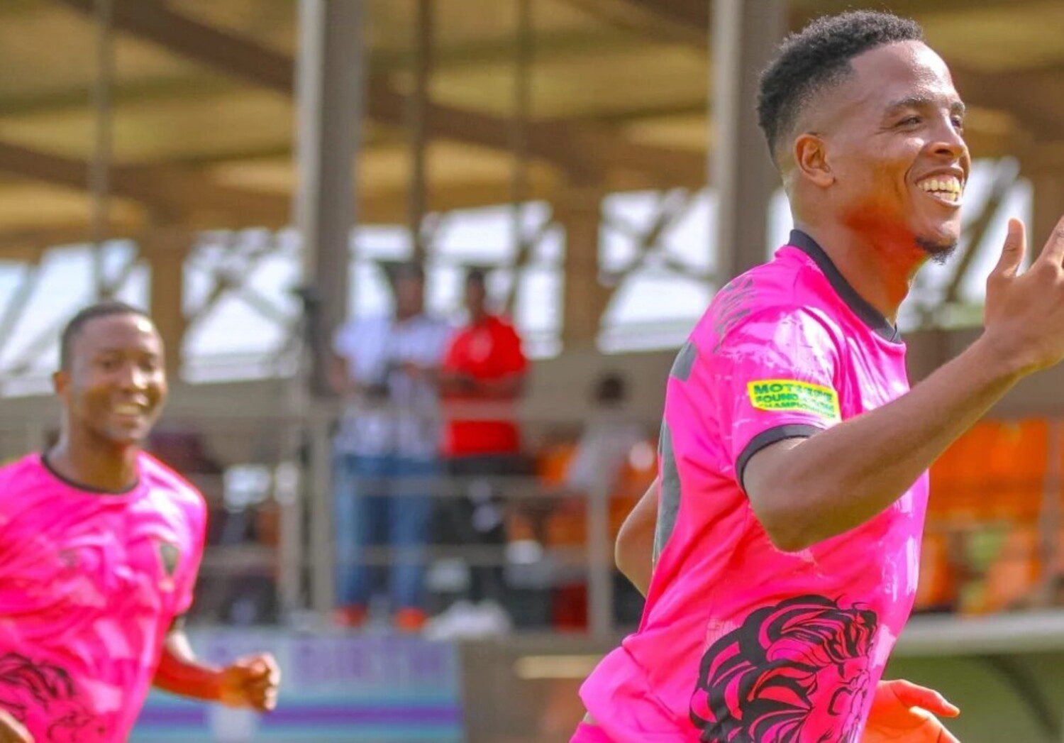 Lerumo Lions FC striker Ntuthuko Mlotshwa in celebratory mood