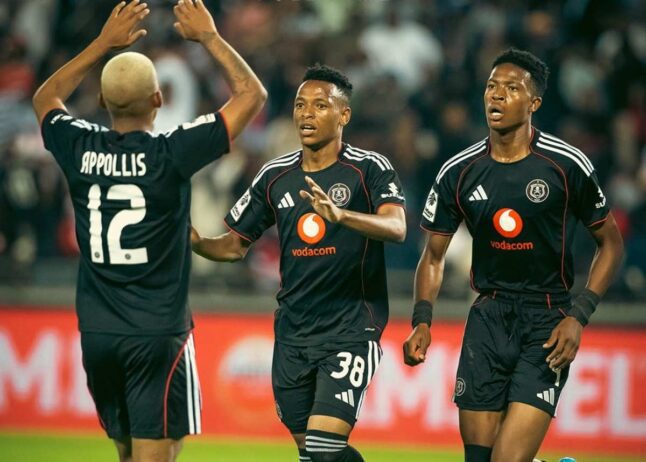 Oswin Appollis, Relebohile Mofokeng and Yanela Mbuthuma celebrate a goal for Orlando Pirates at the Orlando Amstel Arena. Image: Orlando Pirates media