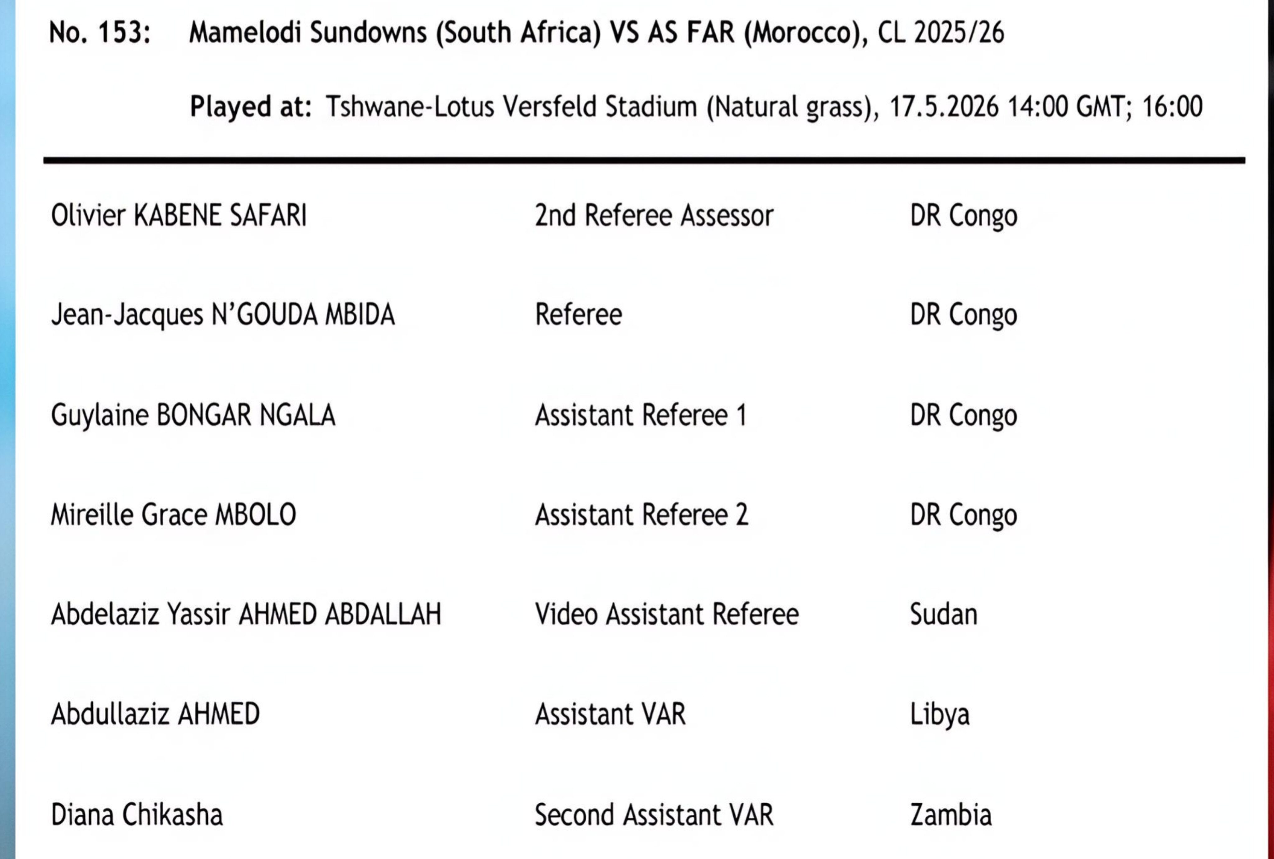 A CAF document showing who will handle the CAF Champions League first leg