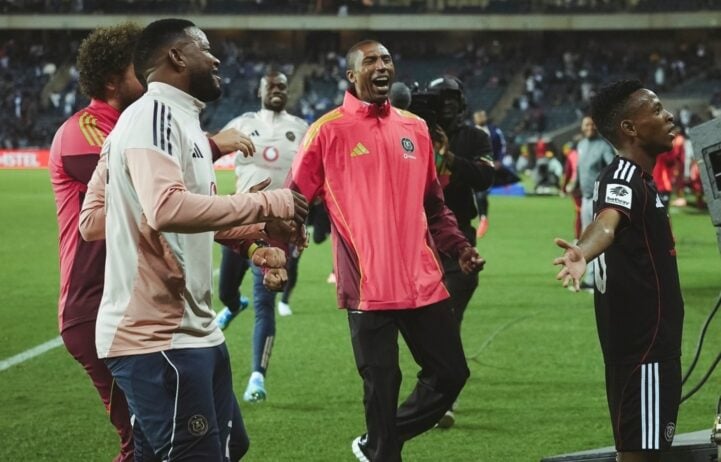 Relebohile Mofokeng celebrates his goal for Orlando Pirates as Abdeslam Ouaddou and Sipho Mbule join in